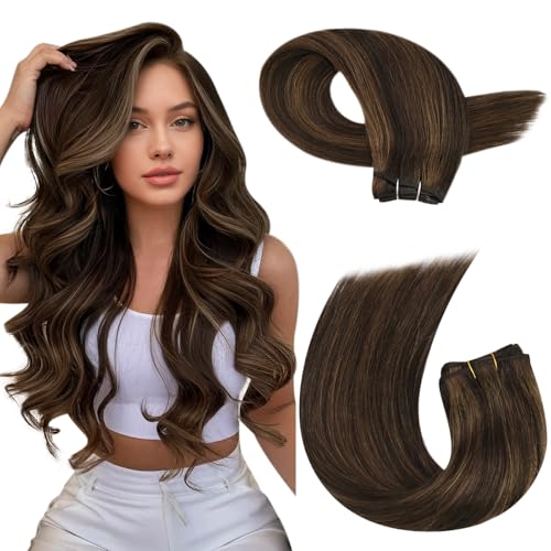 Moresoo Weft Hair Extensions Human Hair Brown Human Hair Sew in Extensions Darkest Brown Highlight with Light Brown Double Weft 100gpack 22 Inch